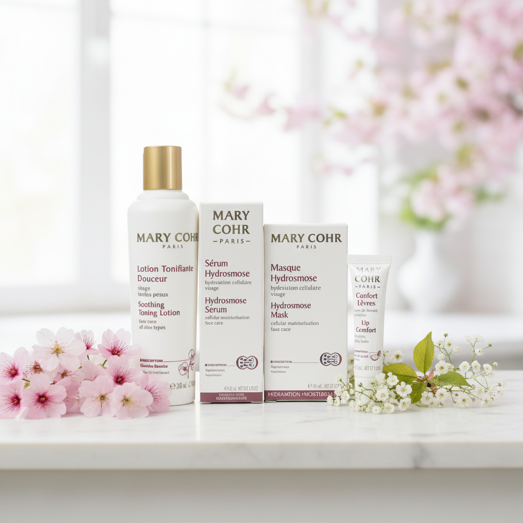 Rituel Confort Hydratation Mary Cohr – Lotion Tonifiante 200ml, Sérum Hydromose 30ml, Masque Hydromose 50ml, Baume Confort Lèvre 15ml – 1 pack disponible au Boudoir de Charlotte, esthéticienne Arras