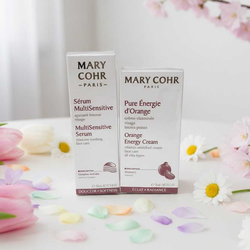 Rituel Duo Éclat Sensitif Mary Cohr – Sérum Multisensitive Apaisant 30ml + Crème Vitaminée Pure Énergie d’Orange 50ml – 1 pack disponible au Boudoir de Charlotte, esthéticienne Arras