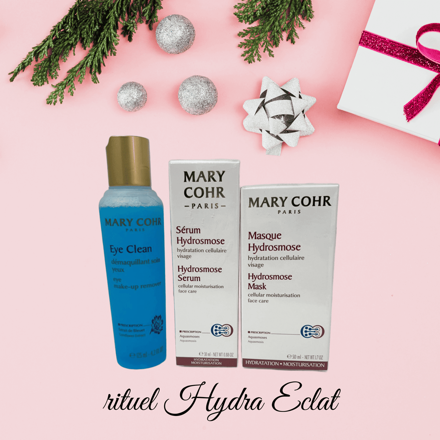 Rituel Hydra Éclat Mary Cohr – Eye Clean démaquillant, sérum Hydrosmose, masque Hydrosmose – Disponible au Boudoir de Charlotte Arras