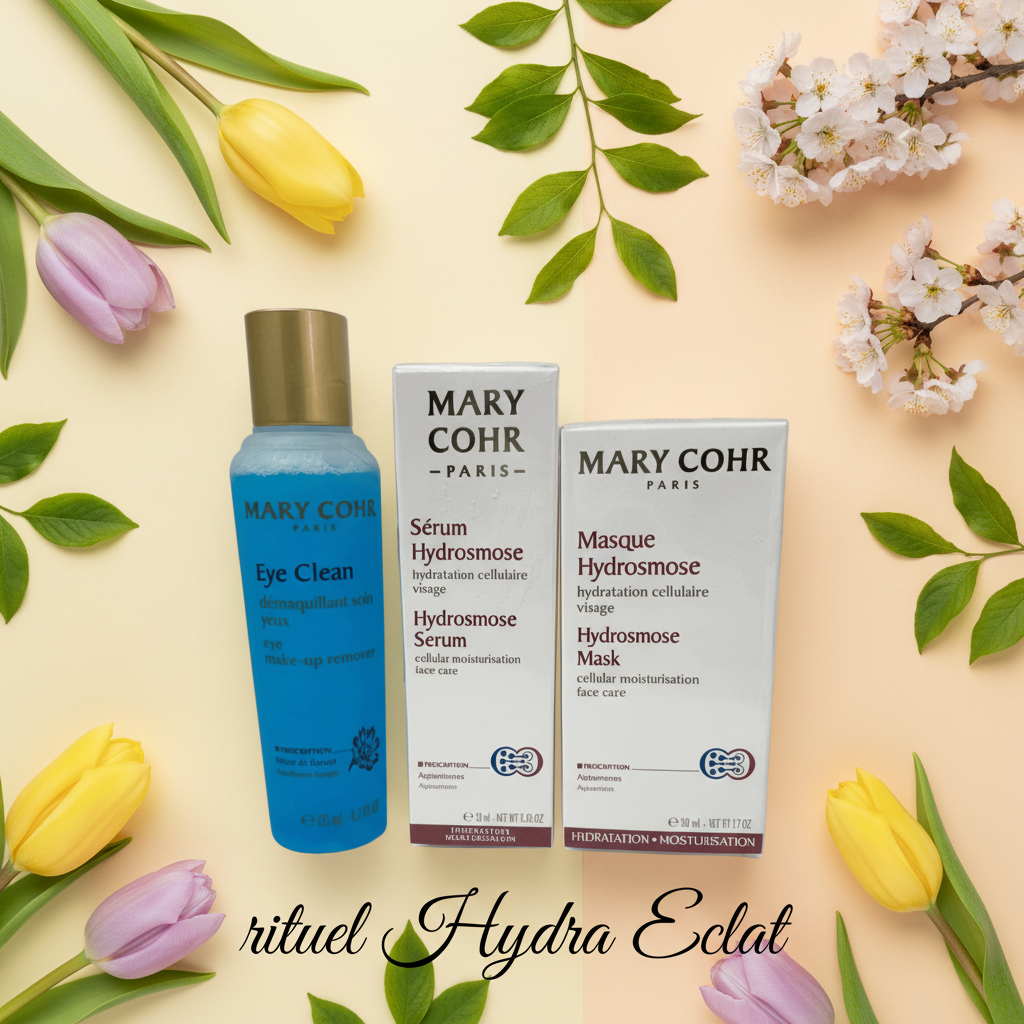 Rituel Hydra Éclat Mary Cohr – Eye Clean démaquillant, sérum Hydrosmose, masque Hydrosmose – Disponible au Boudoir de Charlotte Arras