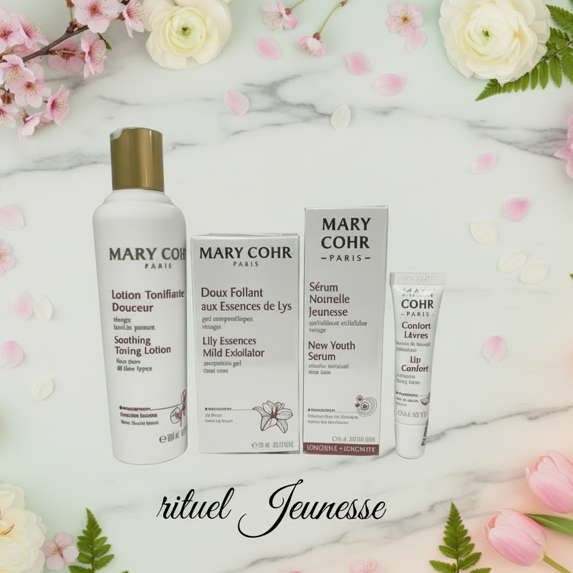 Rituel Jeunesse Mary Cohr – Lotion Tonifiante 200ml, Doux Foliant 50ml, Sérum Nouvelle Jeunesse 30ml, Confort Lèvre 15ml – 1 pack disponible au Boudoir de Charlotte, esthéticienne Arras