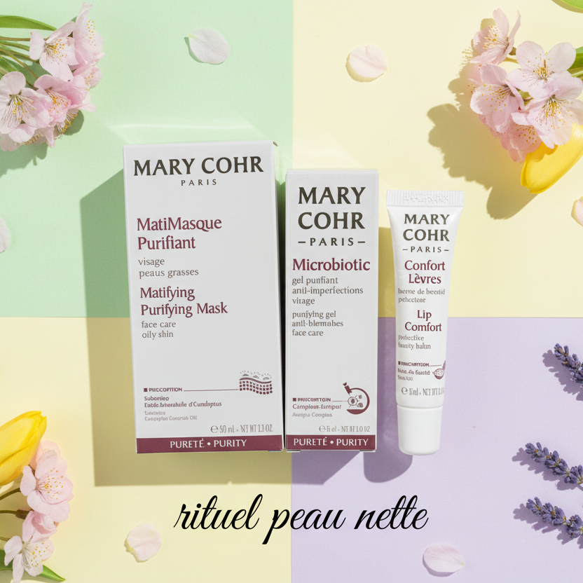 Pack Rituel Peau Nette Mary Cohr – Matimasque purifiant, Microbiotic, baume lèvres – 1 exemplaire disponible au Boudoir de Charlotte Arras