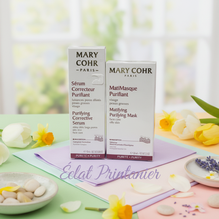 Coffret Pureté Essentielle Mary Cohr – sérum correcteur purifiant et Matimasque – 1 exemplaire disponible au Boudoir de Charlotte Arras