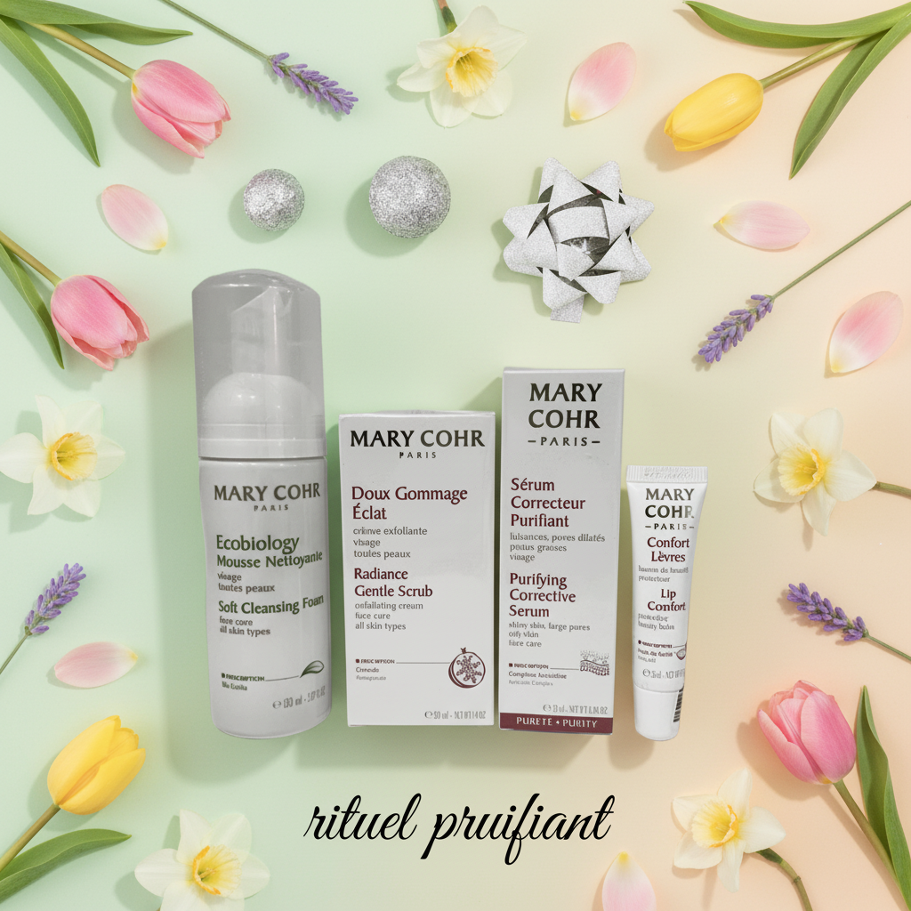 Pack Rituel Purifiant Mary Cohr – peau mixte et grasse : mousse nettoyante, gommage, sérum purifiant, baume lèvres – 1 exemplaire disponible au Boudoir de Charlotte Arras