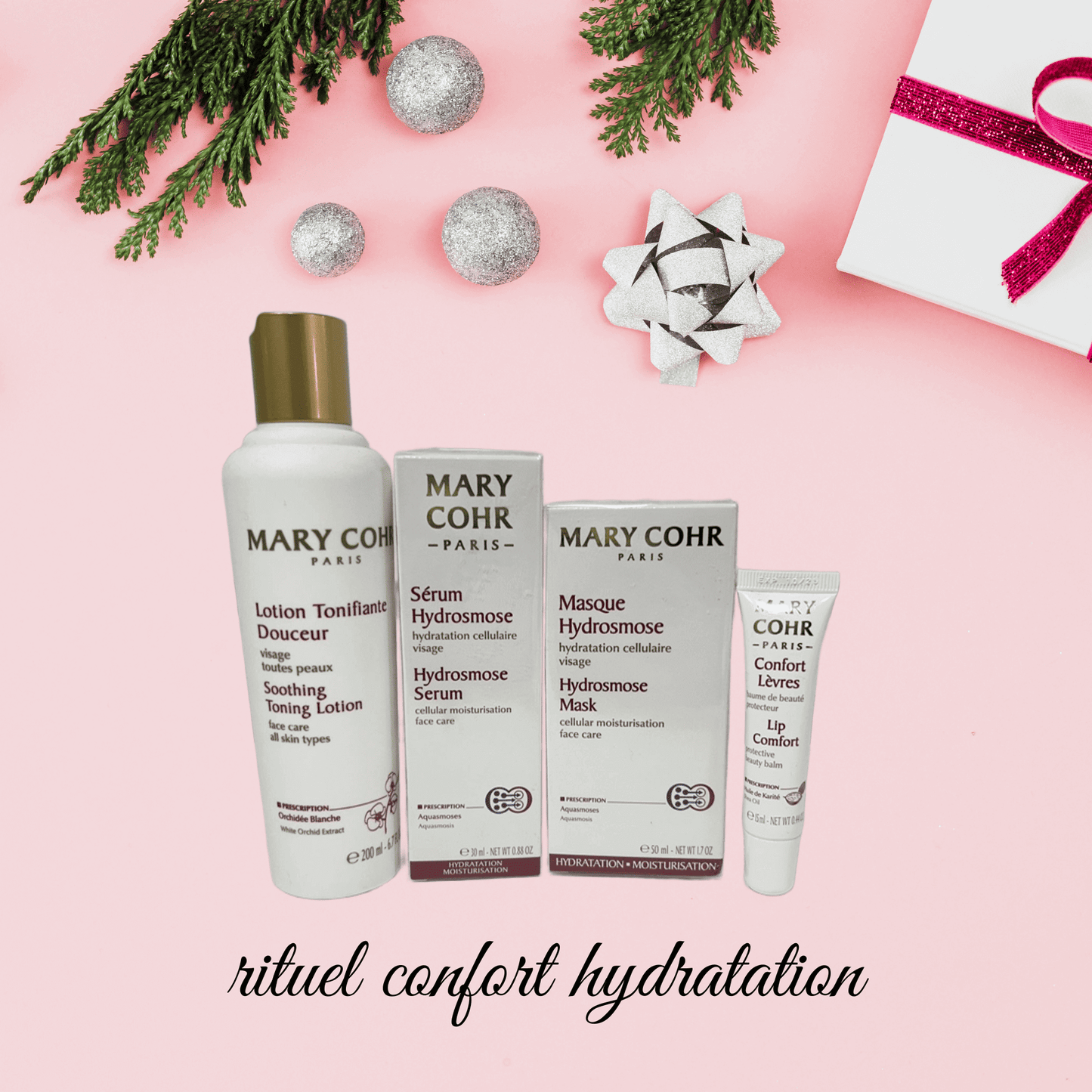 Rituel Confort Hydratation Mary Cohr – Lotion Tonifiante 200ml, Sérum Hydromose 30ml, Masque Hydromose 50ml, Baume Confort Lèvre 15ml – 1 pack disponible au Boudoir de Charlotte, esthéticienne Arras