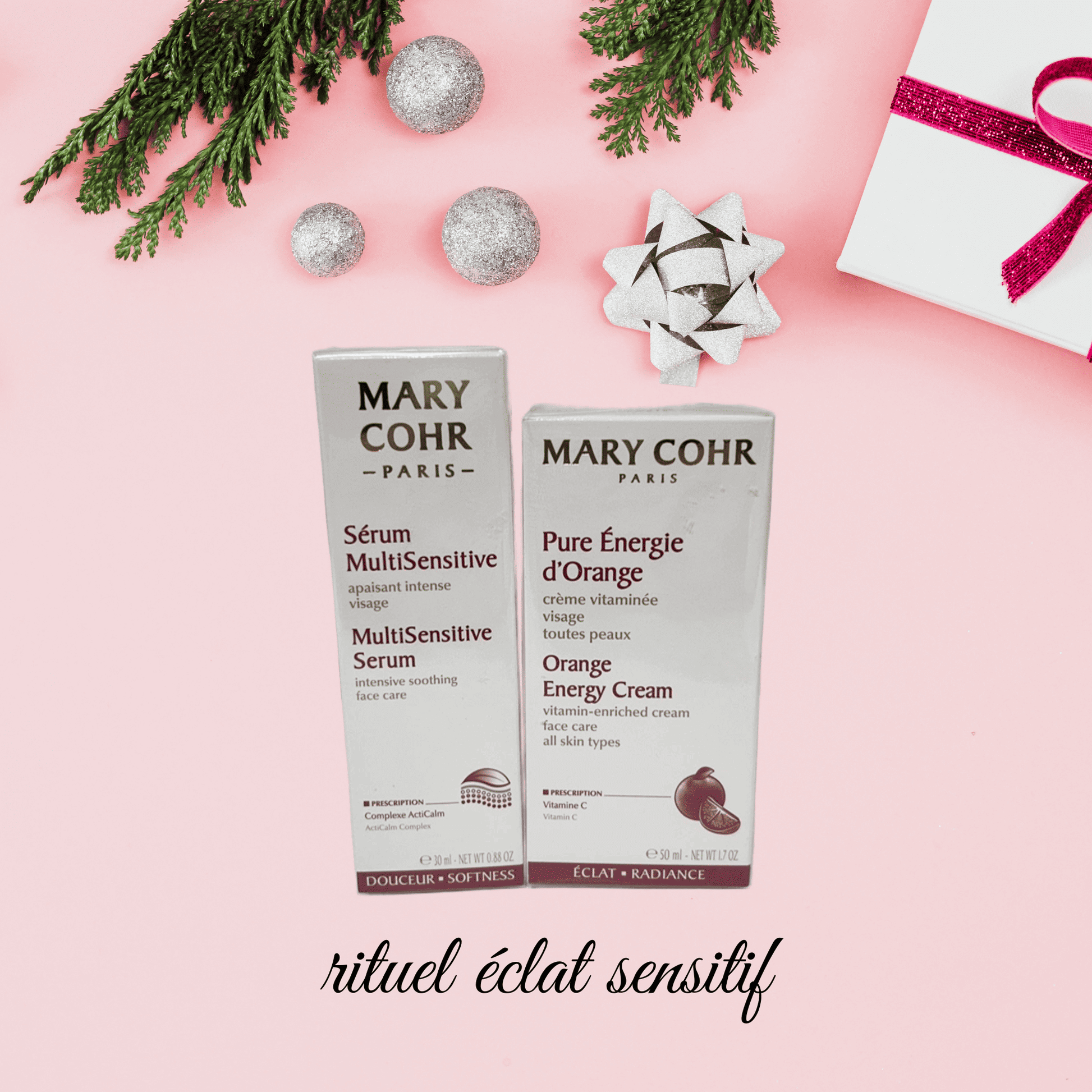 Rituel Duo Éclat Sensitif Mary Cohr – Sérum Multisensitive Apaisant 30ml + Crème Vitaminée Pure Énergie d’Orange 50ml – 1 pack disponible au Boudoir de Charlotte, esthéticienne Arras