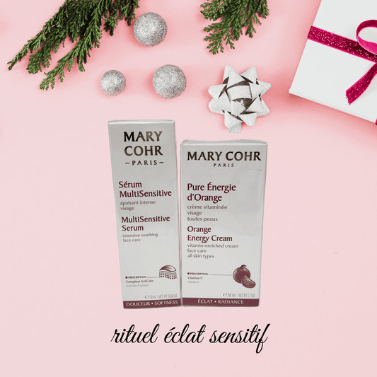Rituel Duo Éclat Sensitif Mary Cohr – Sérum Multisensitive Apaisant 30ml + Crème Vitaminée Pure Énergie d’Orange 50ml – 1 pack disponible au Boudoir de Charlotte, esthéticienne Arras