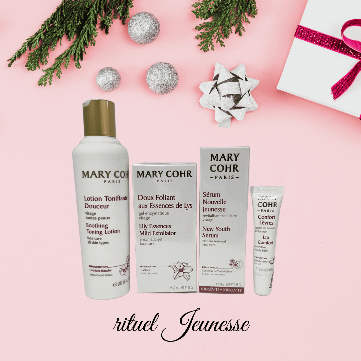 Rituel Jeunesse Mary Cohr – Lotion Tonifiante 200ml, Doux Foliant 50ml, Sérum Nouvelle Jeunesse 30ml, Confort Lèvre 15ml – 1 pack disponible au Boudoir de Charlotte, esthéticienne Arras