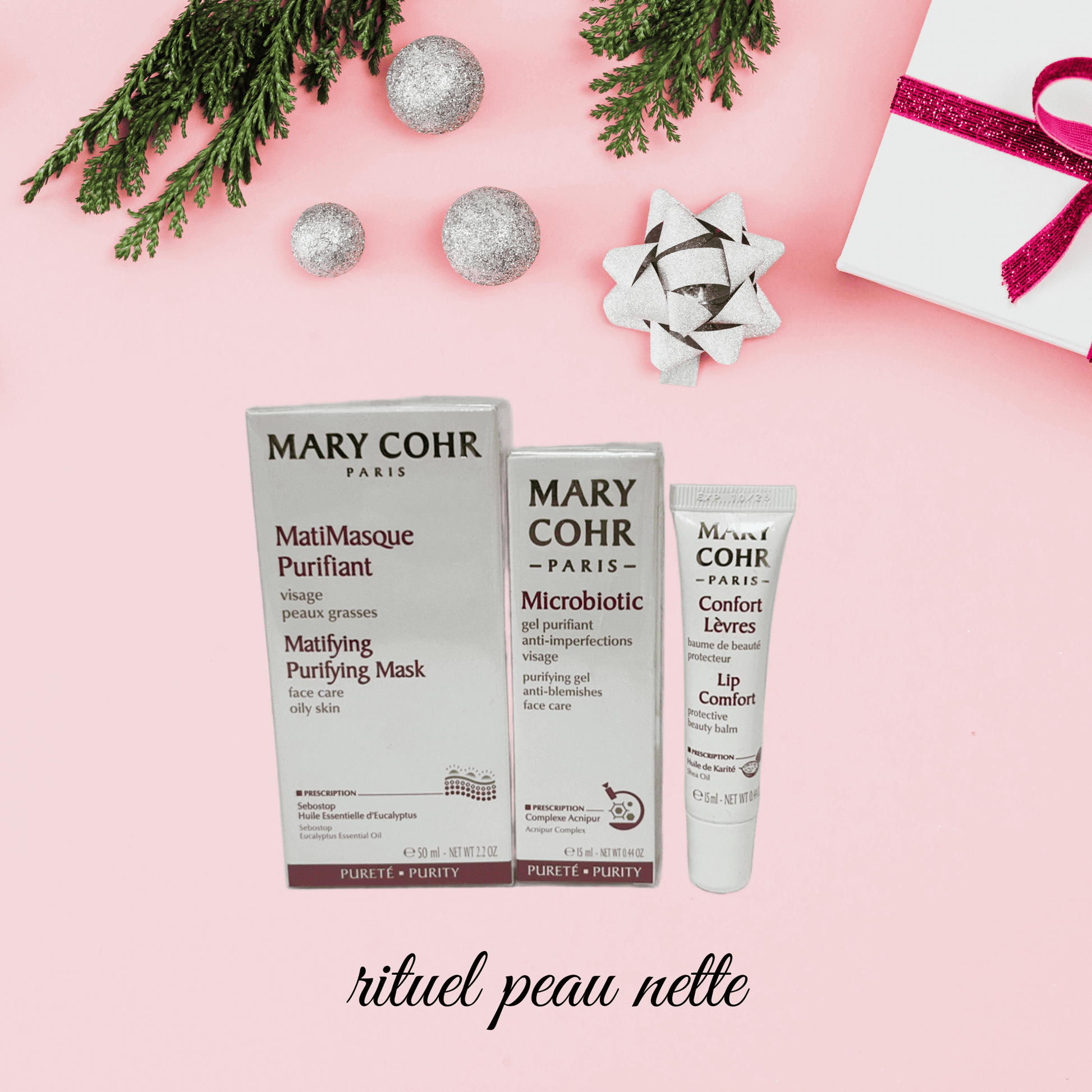 Pack Rituel Peau Nette Mary Cohr – Matimasque purifiant, Microbiotic, baume lèvres – 1 exemplaire disponible au Boudoir de Charlotte Arras