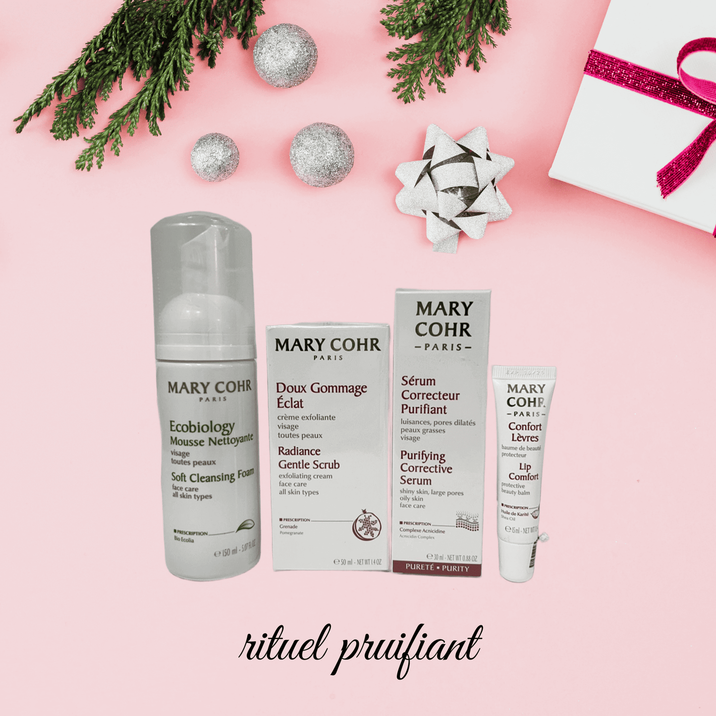 Pack Rituel Purifiant Mary Cohr – peau mixte et grasse : mousse nettoyante, gommage, sérum purifiant, baume lèvres – 1 exemplaire disponible au Boudoir de Charlotte Arras