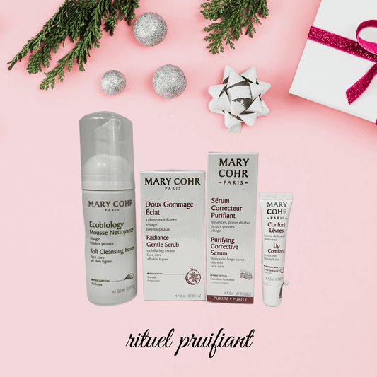 Pack Rituel Purifiant Mary Cohr – peau mixte et grasse : mousse nettoyante, gommage, sérum purifiant, baume lèvres – 1 exemplaire disponible au Boudoir de Charlotte Arras